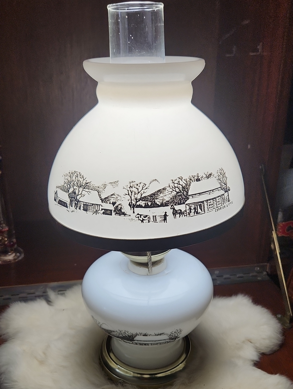 Currier & Ives Vintage White Milk Glass Hurricane Lamp
